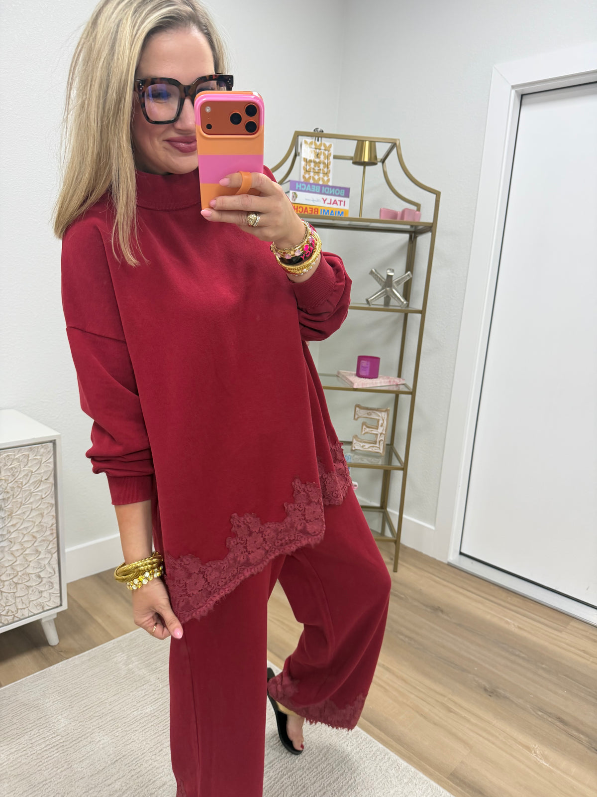 Red Lace Hem Detailed Washed French Terry Set