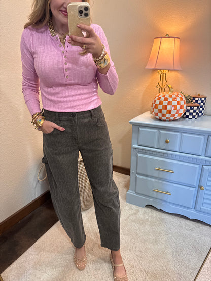Mauve Ribbed Long Sleeve Button Down Top