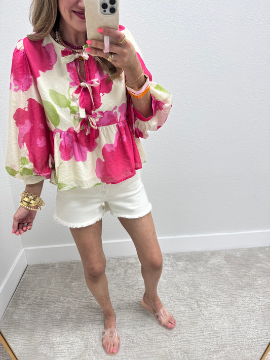 Cream and Floral Tie Front Top