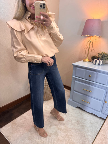 Champagne Ruffle & Pearl Detail Blouse
