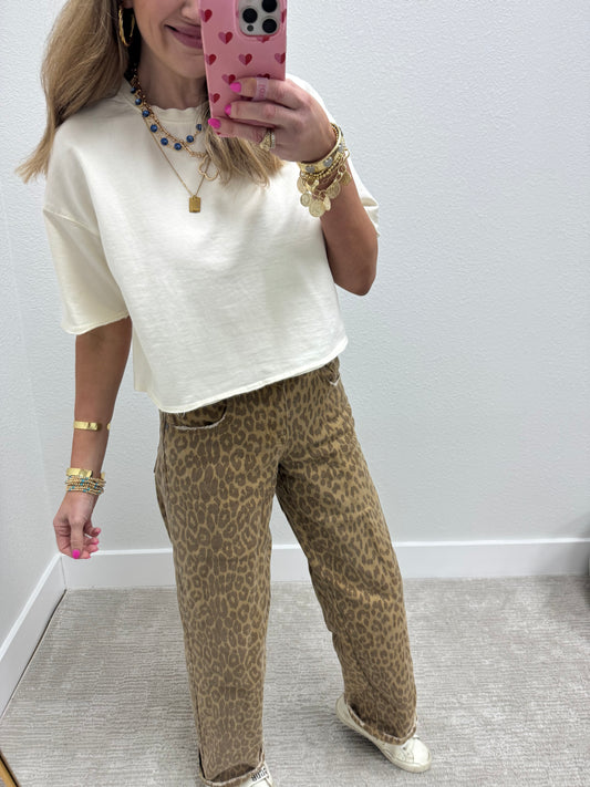 Cream Crop Raw Edge French Terry Short Sleeve