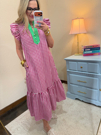 Hot Pink Checkered Ruffle Neck Decorative Button Dress
