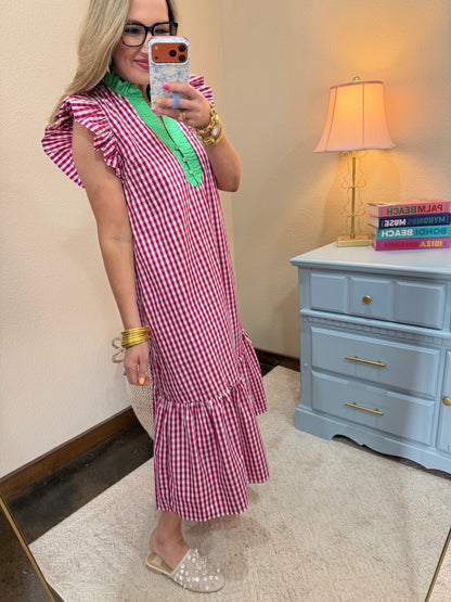 Hot Pink Checkered Ruffle Neck Decorative Button Dress