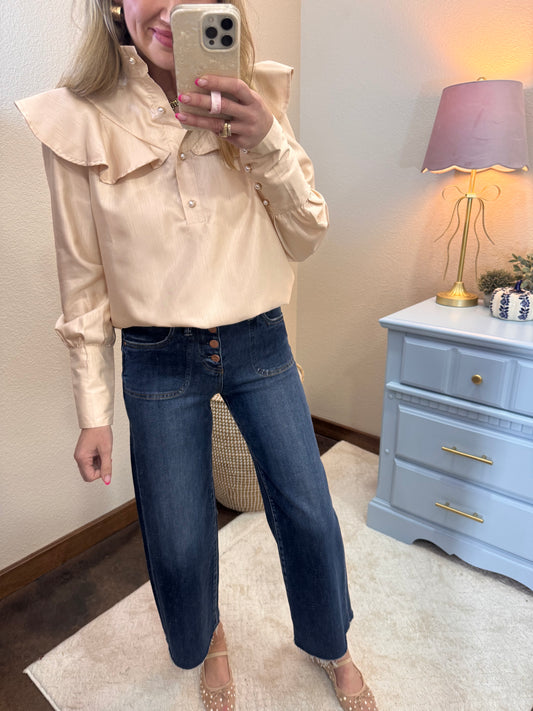 Champagne Ruffle & Pearl Detail Blouse