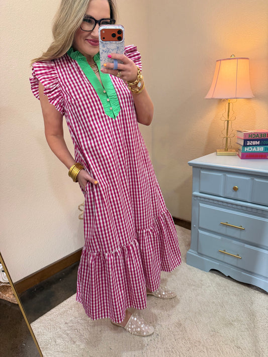 Hot Pink Checkered Ruffle Neck Decorative Button Dress