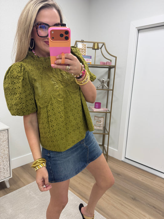 Olive Embroidered Detail Eyelet Top