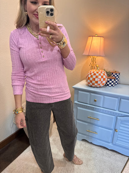 Mauve Ribbed Long Sleeve Button Down Top