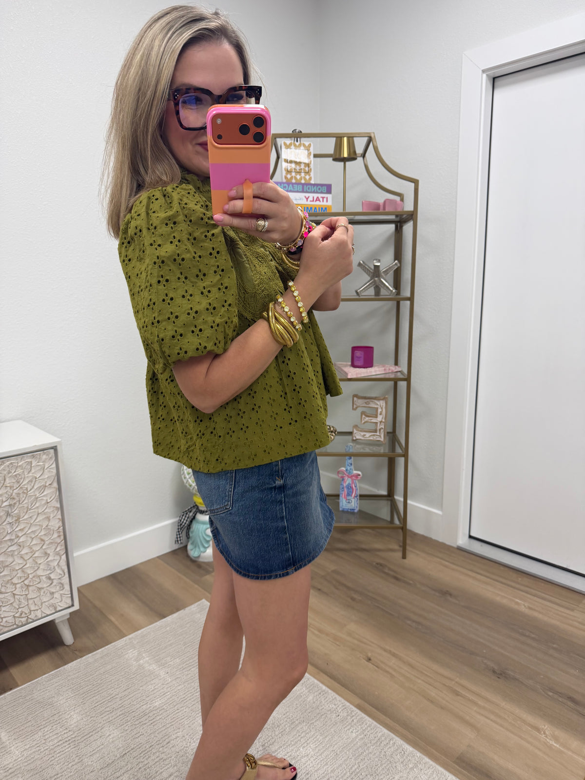 Olive Embroidered Detail Eyelet Top