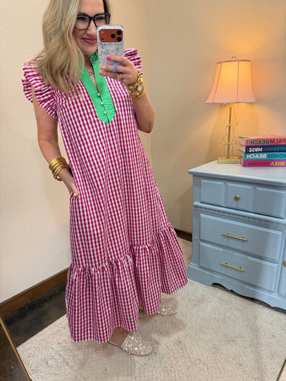 Hot Pink Checkered Ruffle Neck Decorative Button Dress