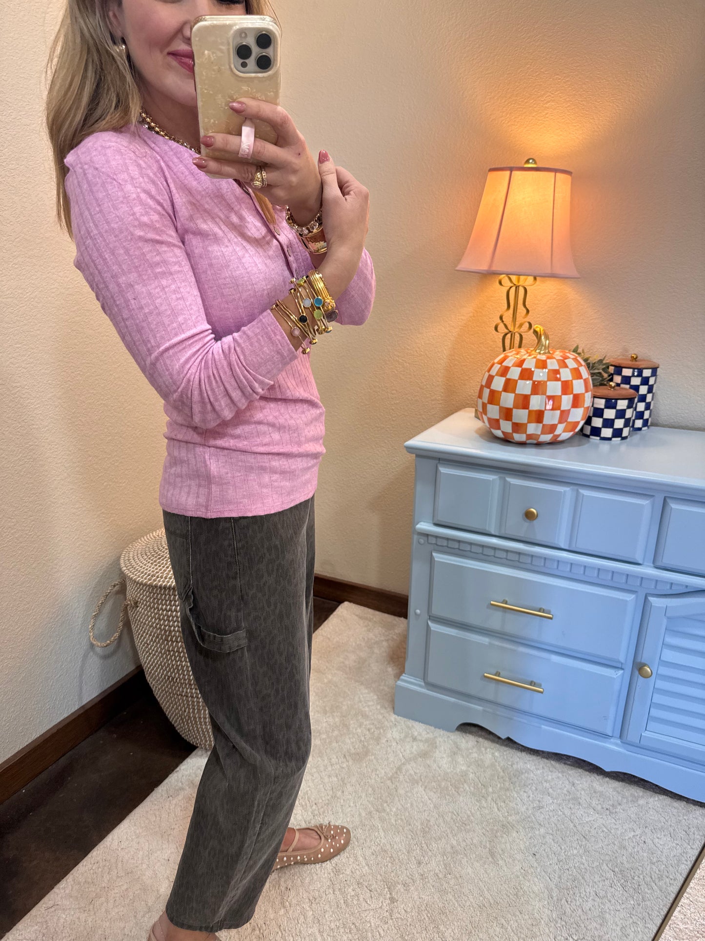 Mauve Ribbed Long Sleeve Button Down Top