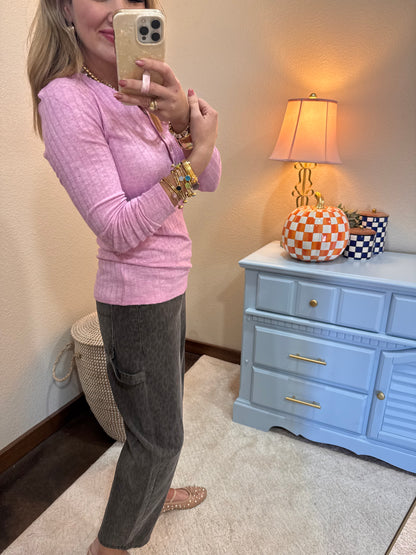 Mauve Ribbed Long Sleeve Button Down Top