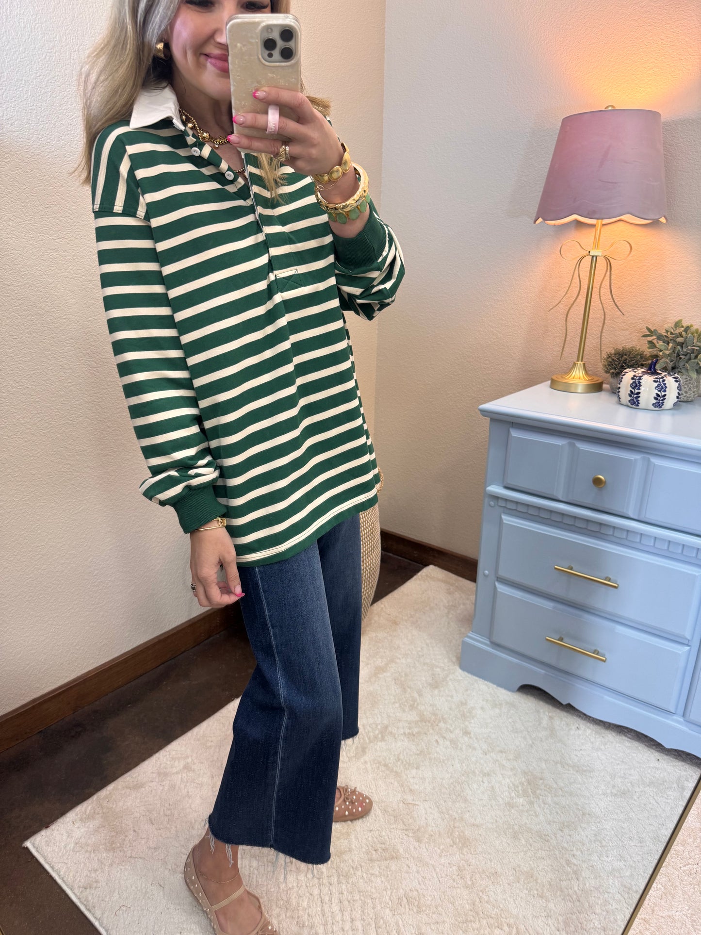 Green/Cream Button up Collar Long Sleeve Top