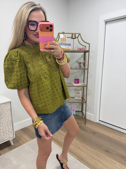 Olive Embroidered Detail Eyelet Top