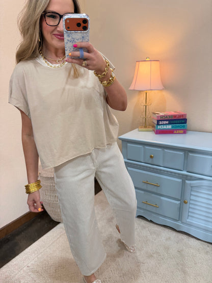 Sand Beige Cotton Slub Open Back Top