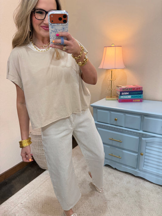 Sand Beige Cotton Slub Open Back Top