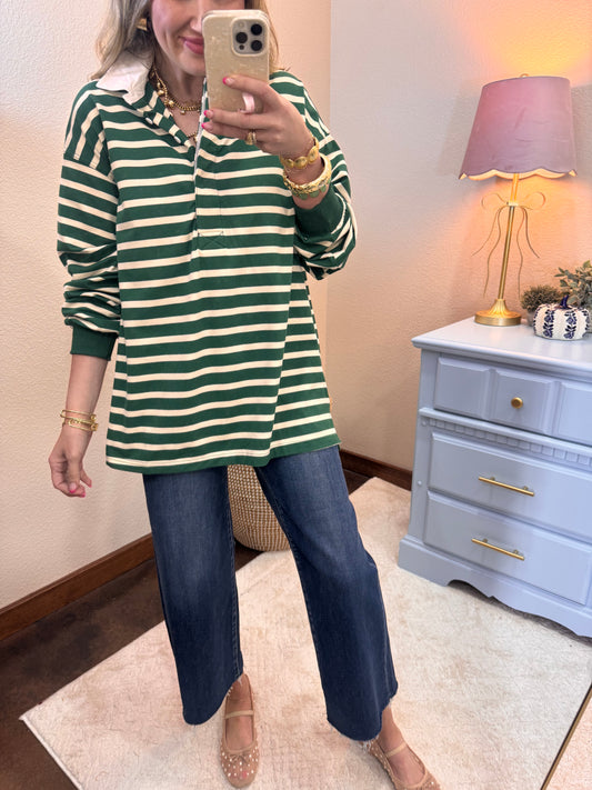 Green/Cream Button up Collar Long Sleeve Top