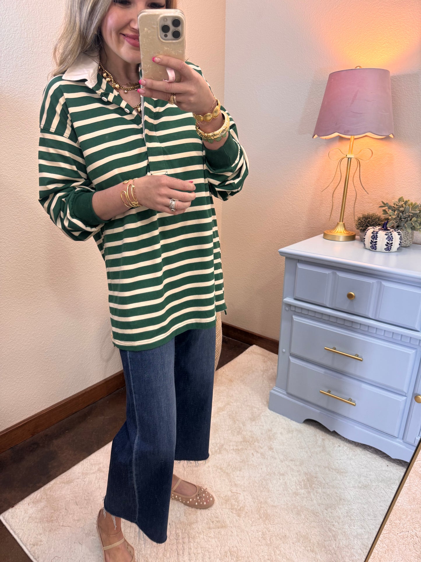 Green/Cream Button up Collar Long Sleeve Top