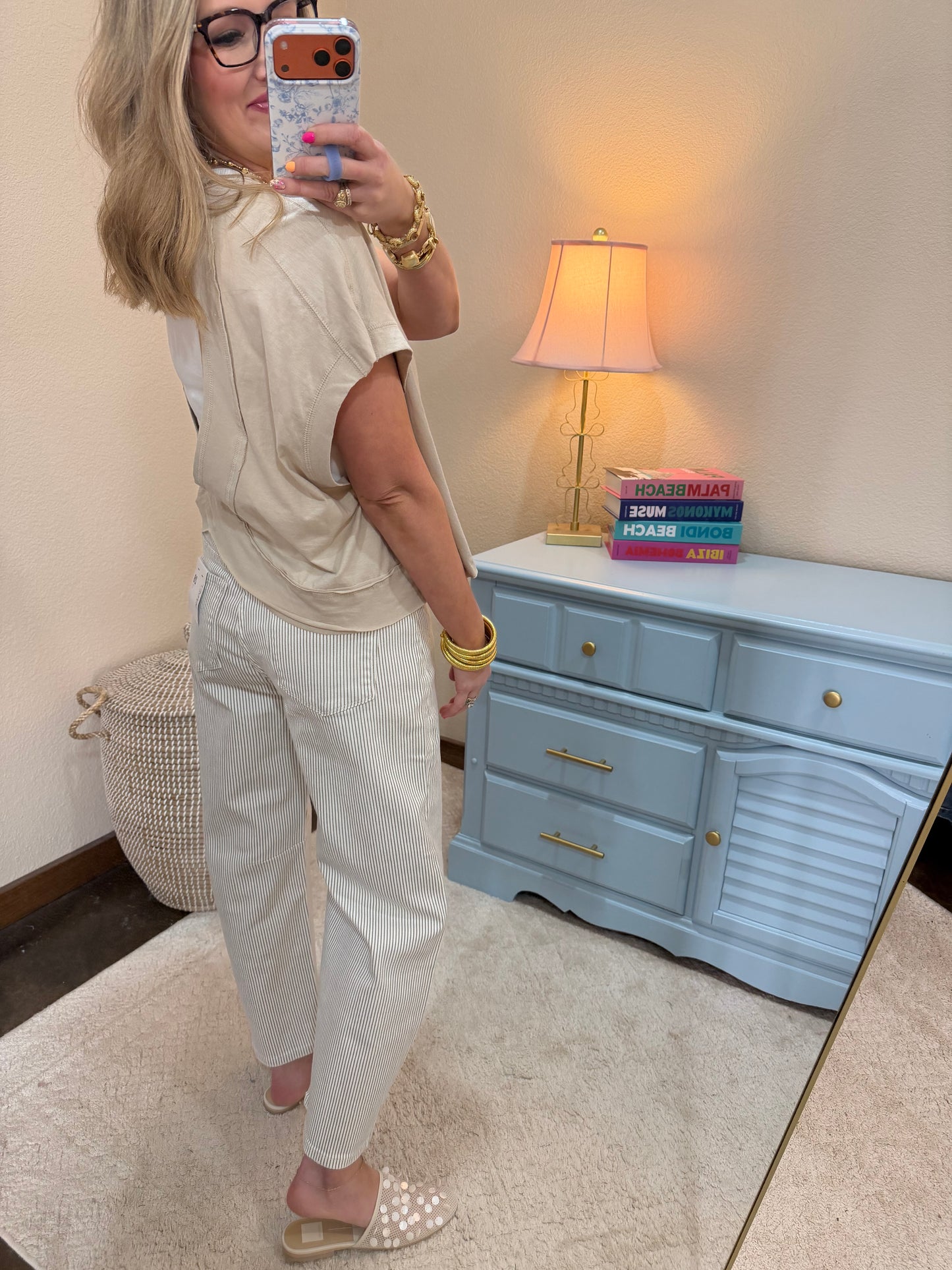 Sand Beige Cotton Slub Open Back Top
