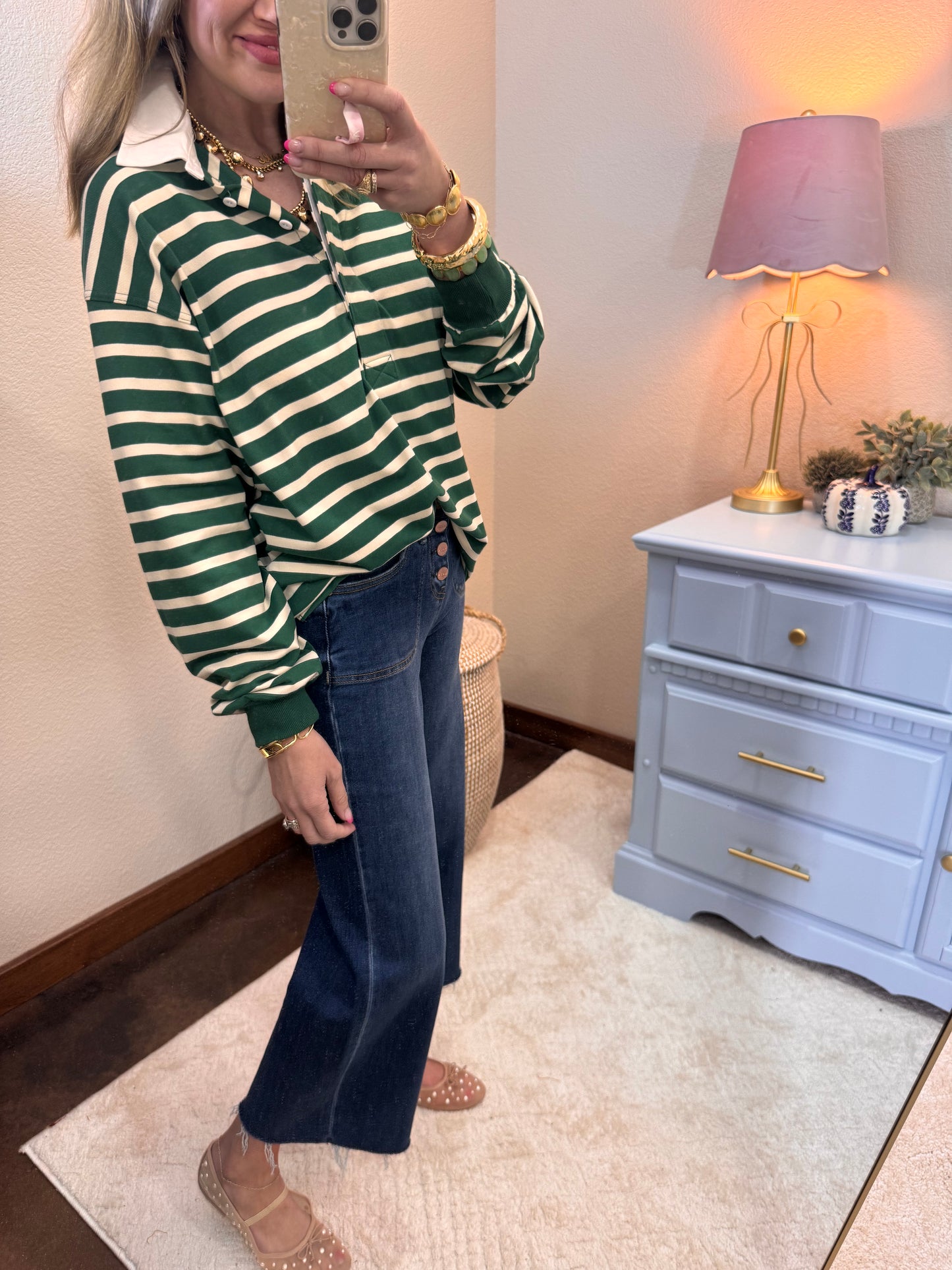 Green/Cream Button up Collar Long Sleeve Top