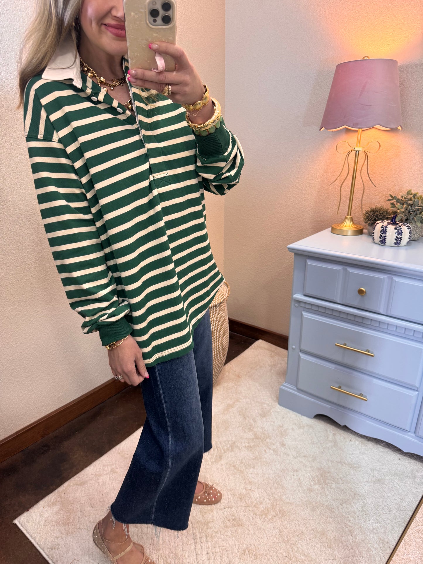 Green/Cream Button up Collar Long Sleeve Top