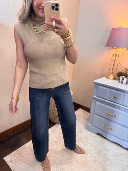 Taupe High Neck Sleeveless Knit Top FS