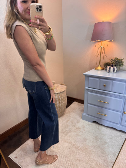Taupe High Neck Sleeveless Knit Top FS