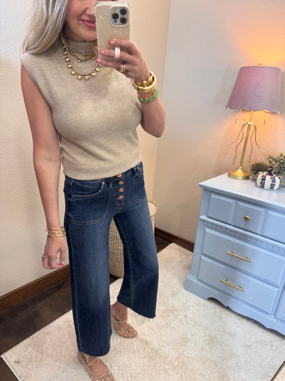 Taupe High Neck Sleeveless Knit Top FS