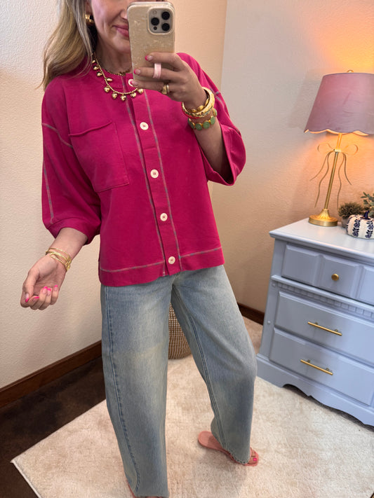 Magenta Multi Stitched Accent Washed Top