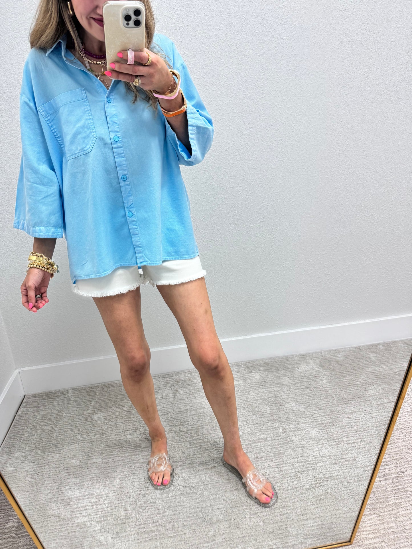 Sky Blue Oversized Half Sleeve Button Top