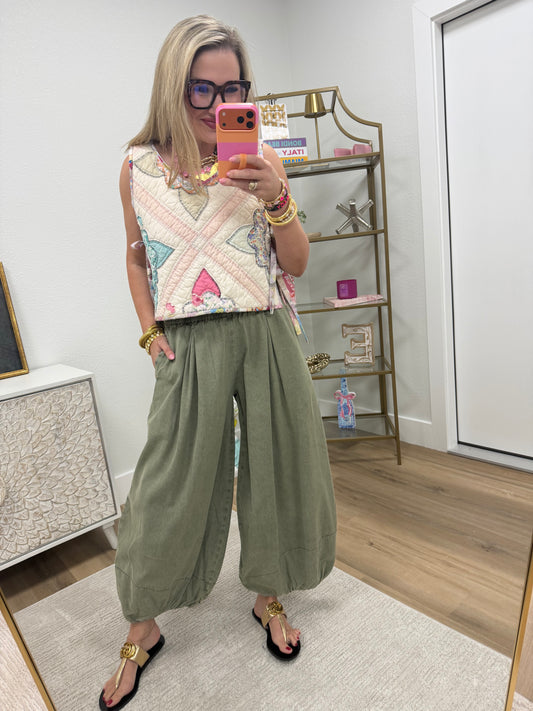 Olive Denim Balloon Style Pants