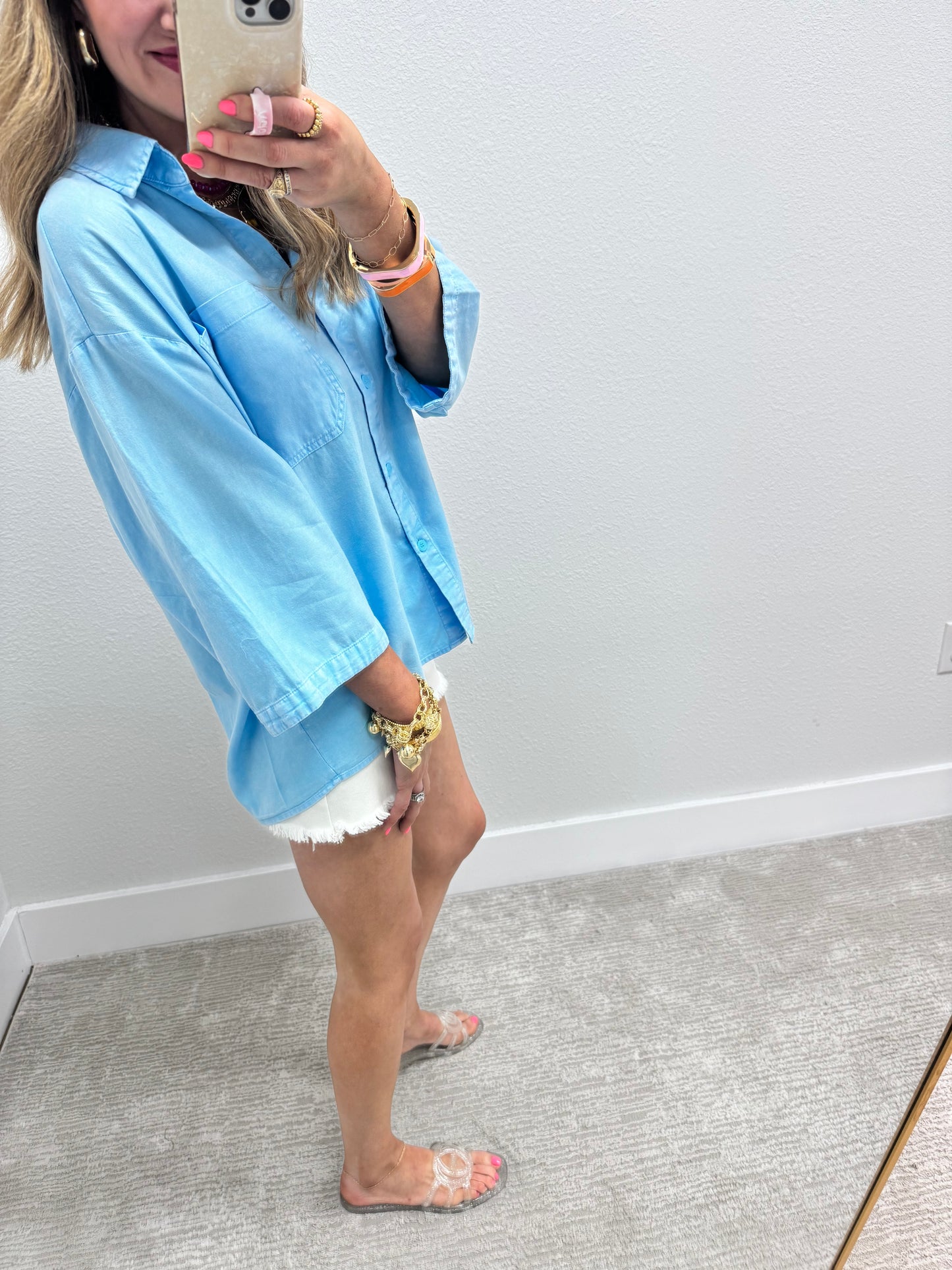 Sky Blue Oversized Half Sleeve Button Top