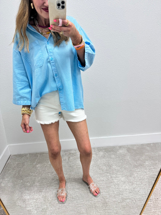 Sky Blue Oversized Half Sleeve Button Top