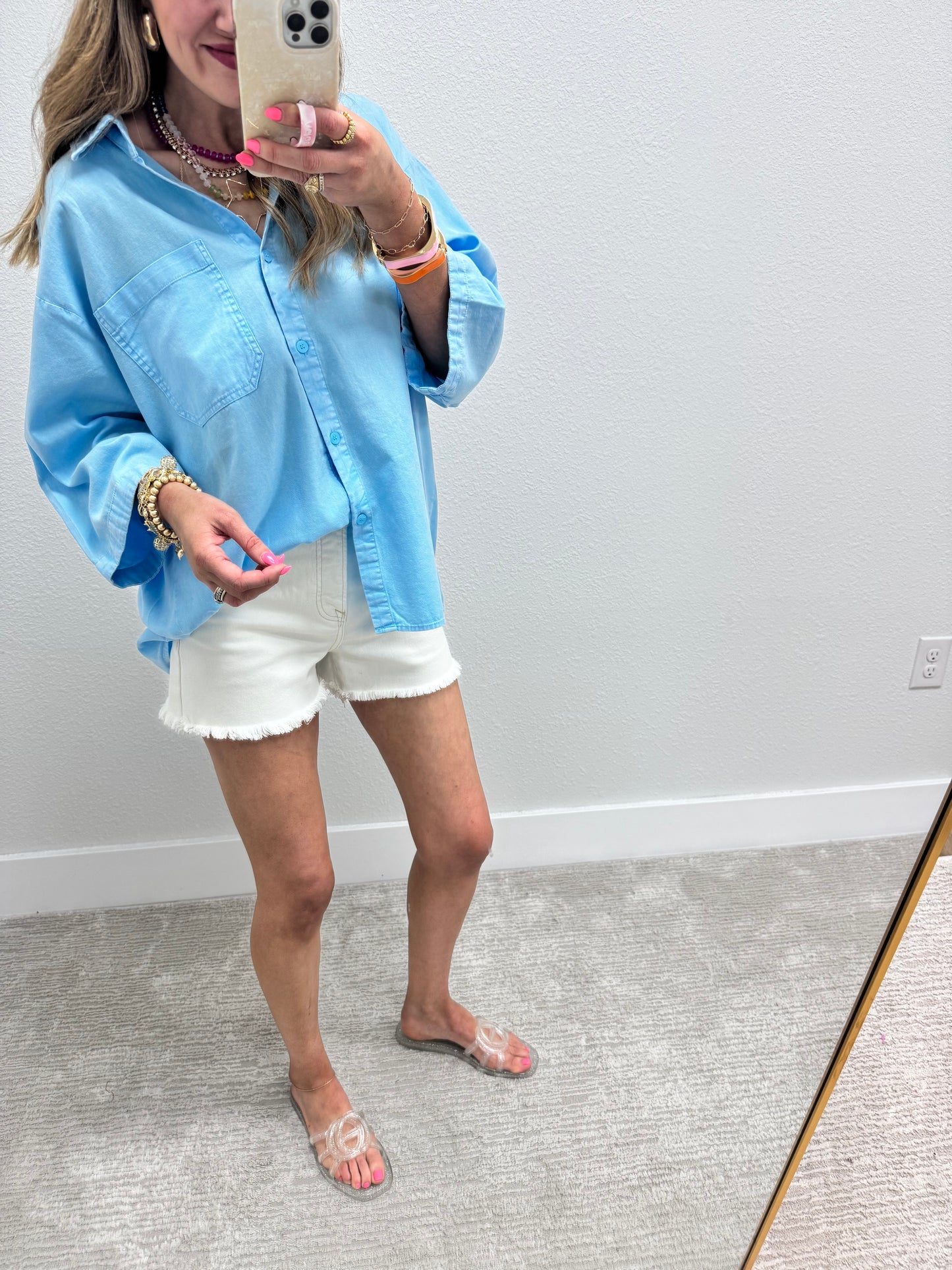 Sky Blue Oversized Half Sleeve Button Top