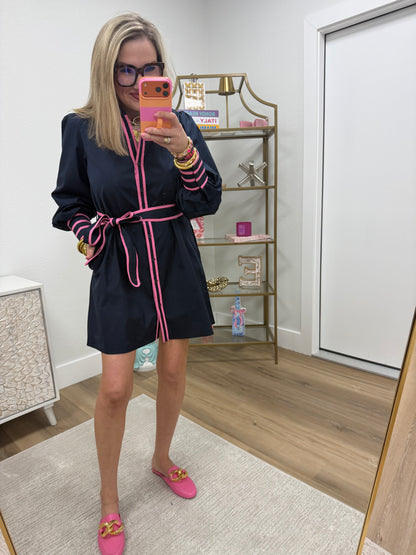 Navy Pink Trim Button Up Dress