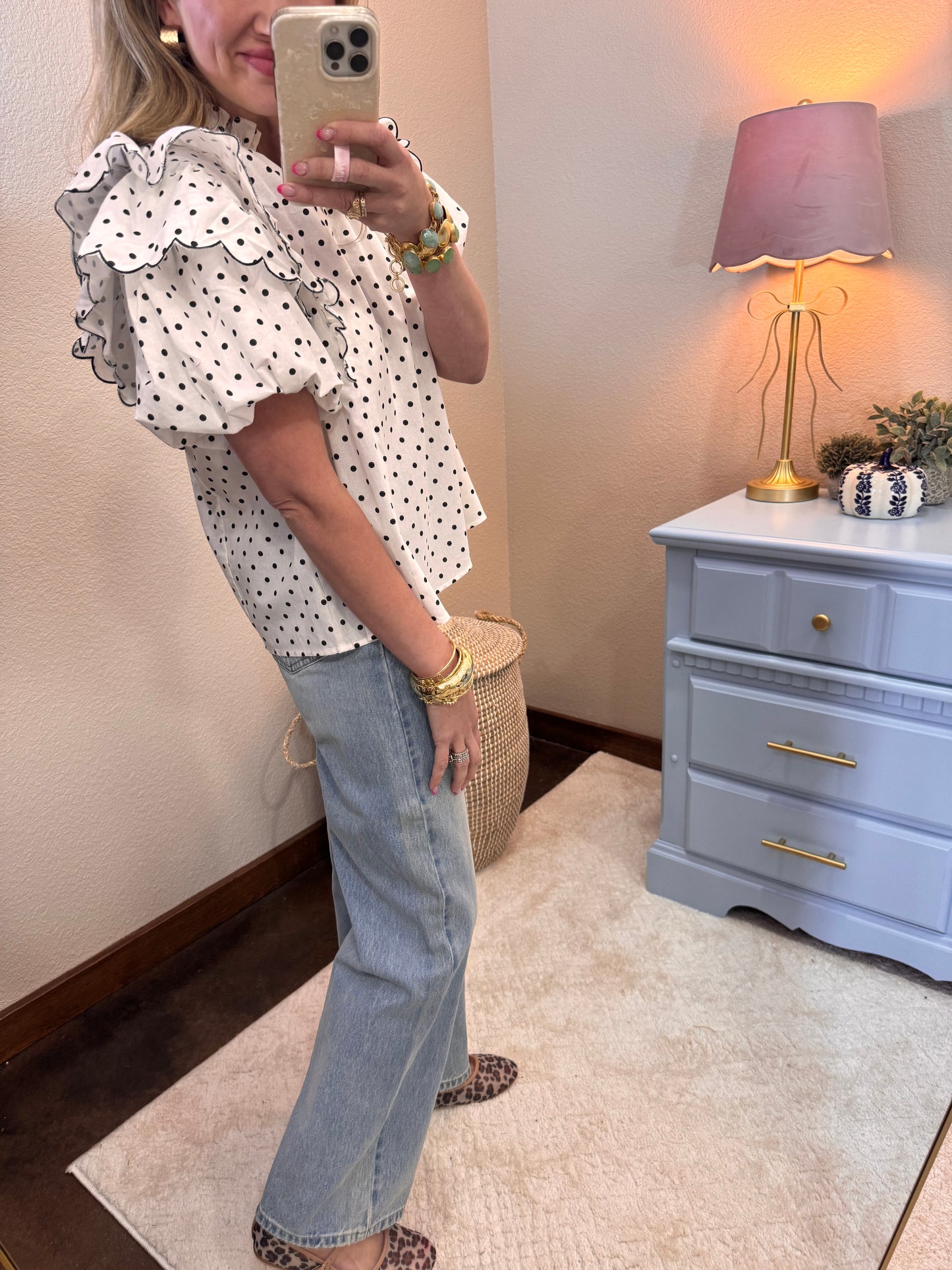 Polka Dot Contrast Edge Scallop Ruffle Top