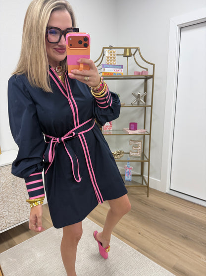 Navy Pink Trim Button Up Dress