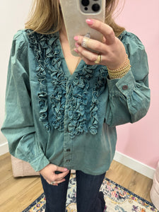 Teal Blue Ruffle Front Top