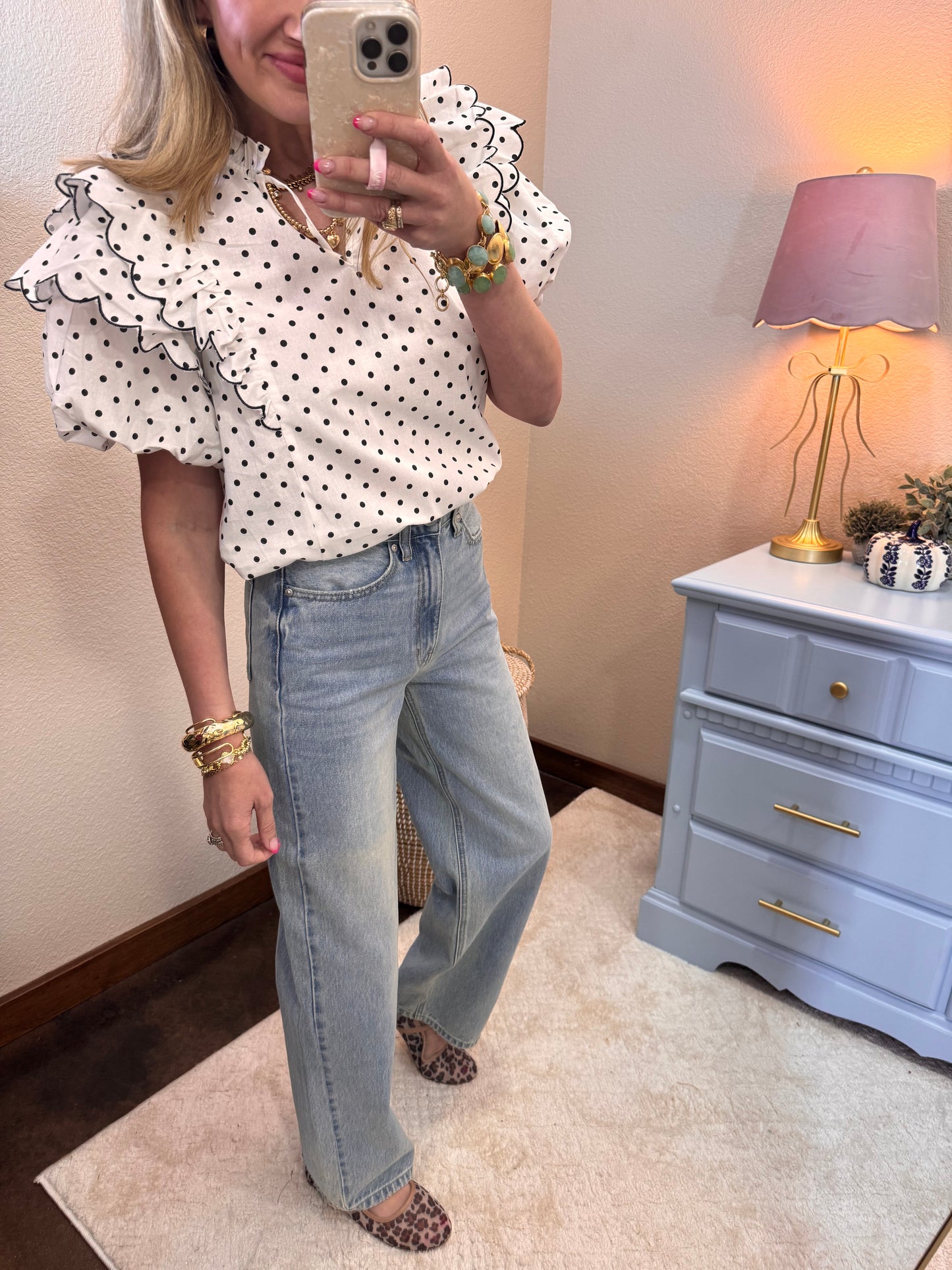 Polka Dot Contrast Edge Scallop Ruffle Top