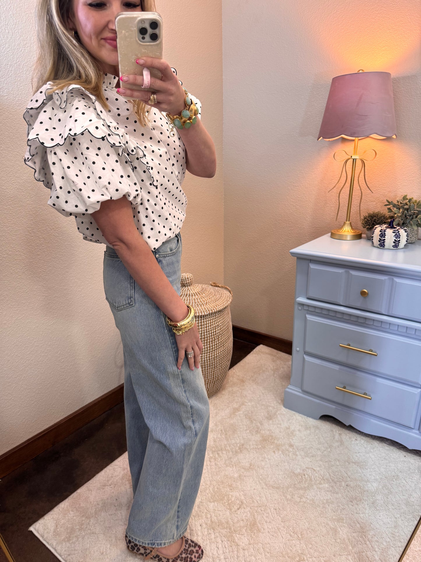 Polka Dot Contrast Edge Scallop Ruffle Top