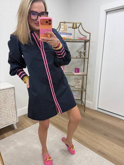Navy Pink Trim Button Up Dress
