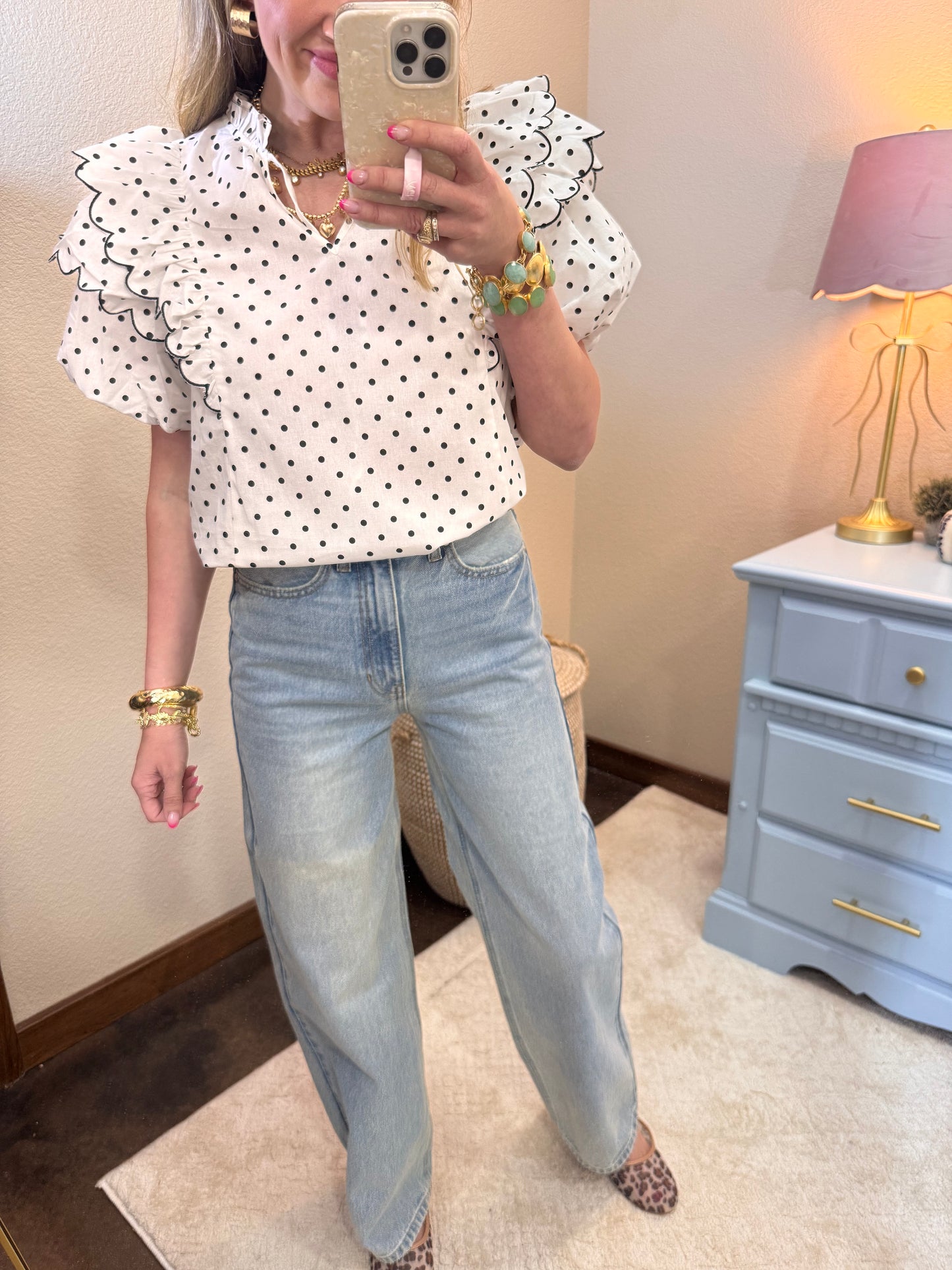 Polka Dot Contrast Edge Scallop Ruffle Top