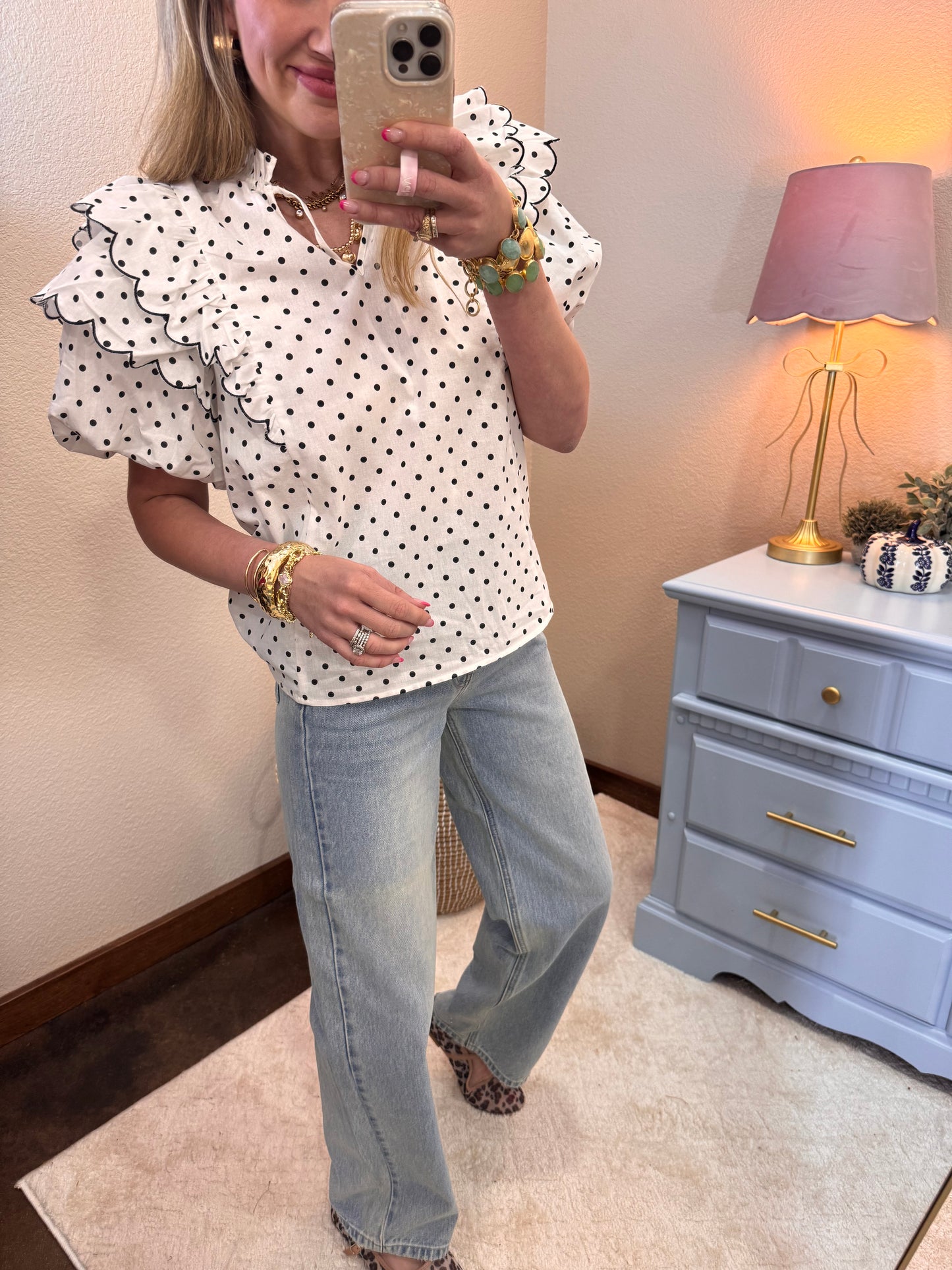 Polka Dot Contrast Edge Scallop Ruffle Top