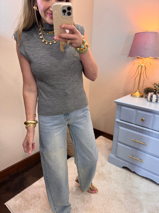 Charcoal High Neck Sleeveless Knit Top