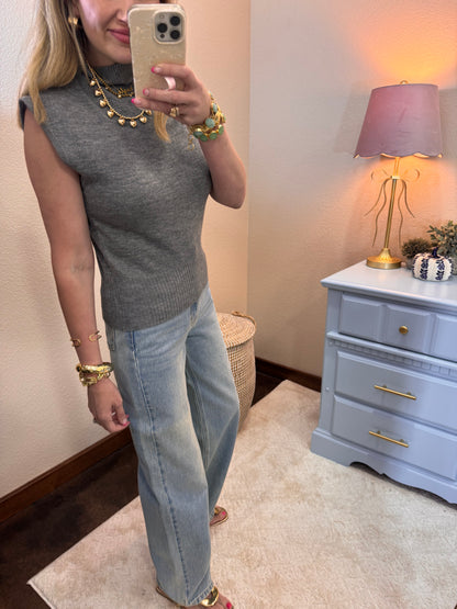 Charcoal High Neck Sleeveless Knit Top FS