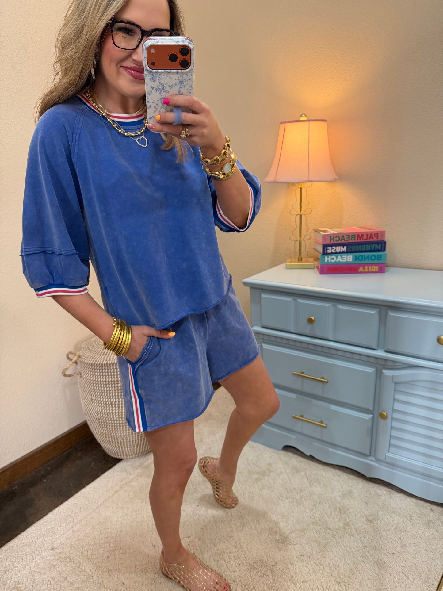 Royal Blue Color Band Edge Detail Washed Set