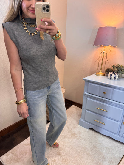 Charcoal High Neck Sleeveless Knit Top FS
