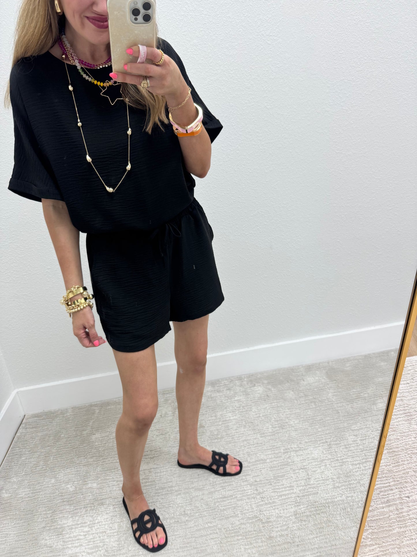 Black Two Piece Poly Short Set