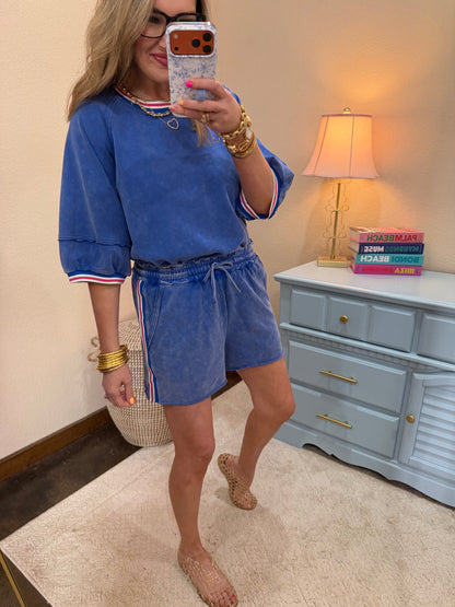 Royal Blue Color Band Edge Detail Washed Set