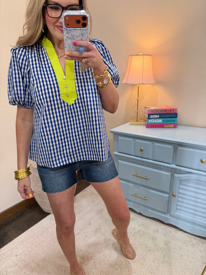 Indigo Checkered Ruffle Neck Detail Button Top