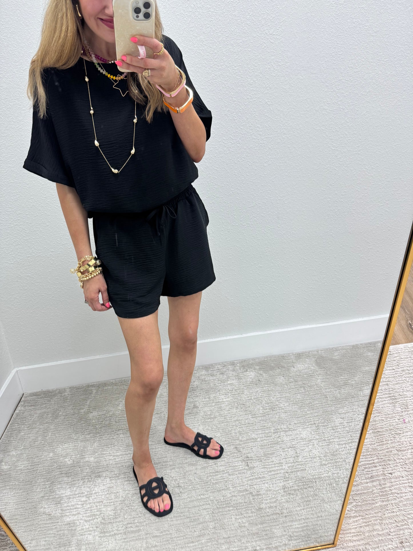 Black Two Piece Poly Short Set